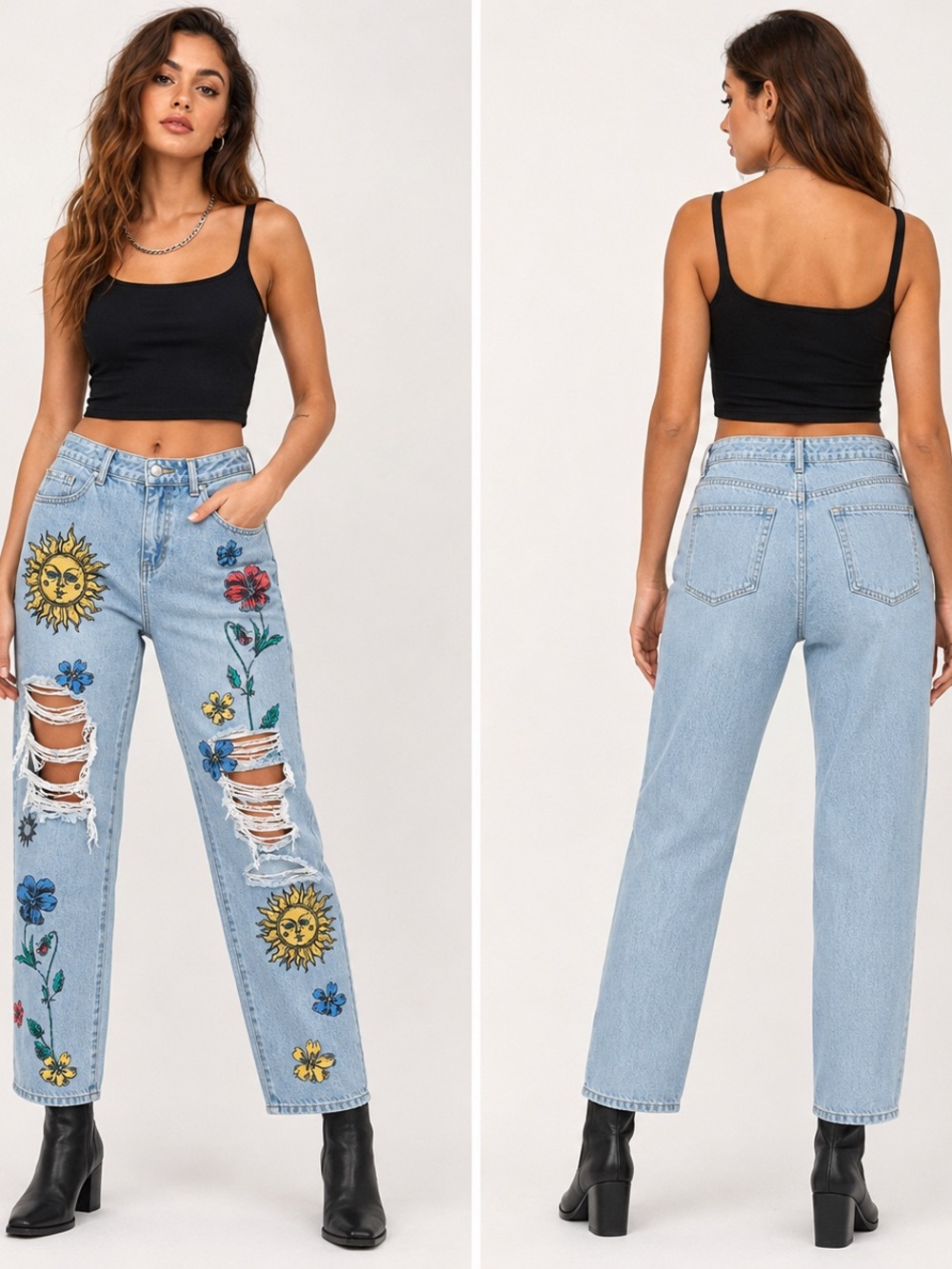 SHEIN Jeans Womens L 8/10 Celestial Sun Floral Whimsygoth Straight Leg Y2K